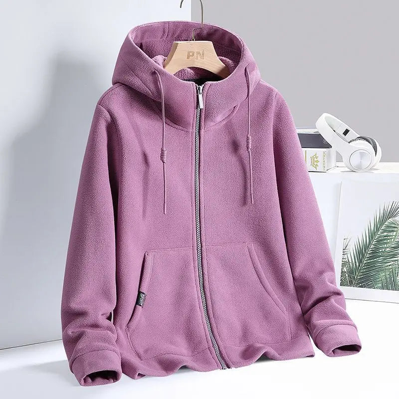 Solid Cashmere Fleece Hoodies Women Sweatshirt Autumn Winter Jacket Breathable Leisure Walk Warm Hooded Zipper Top Lady Coat