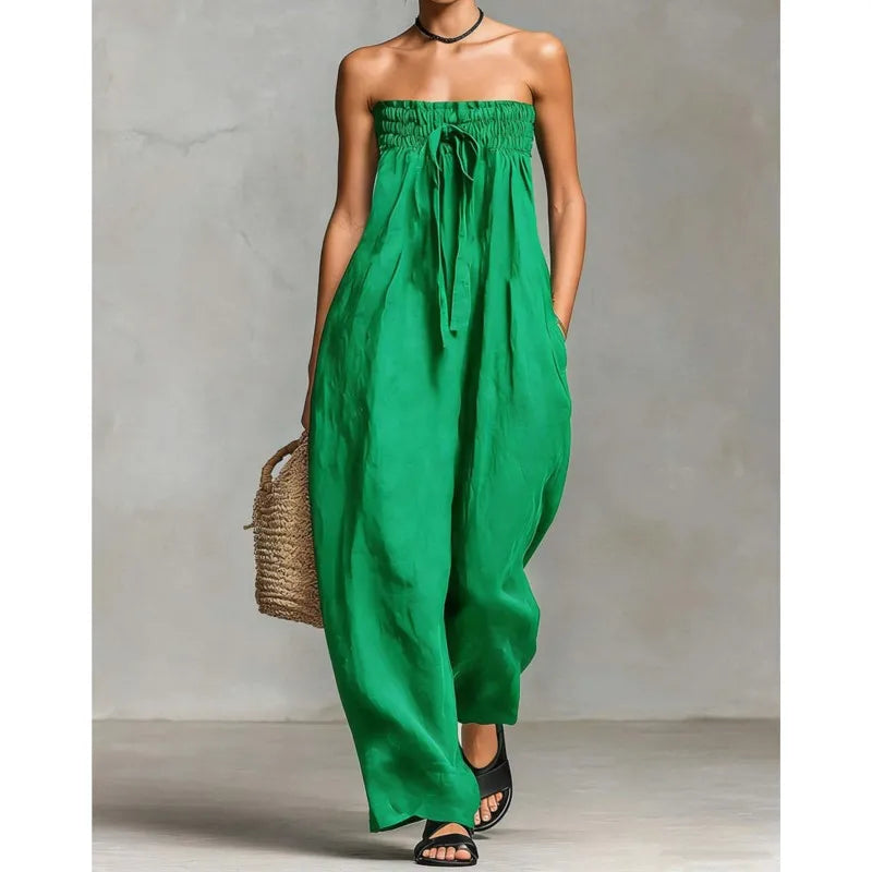 Elegant Sexy Off Shoulder Jumpsuit Women 2026 Summer Ruched Lace-up Sleeveless Backless Romper Casual Wide Leg Pocket Overalls