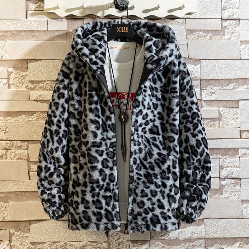 Autumn Soft Leopard Jacket Men Zipper Hoodies Hooded Coat Fashion Causal Street Outerwear Loose Windbreaker Clothing Male Female