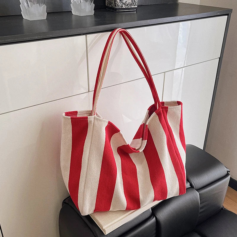 Summer Stripe Canvas Tote Bag Female Casual Large Capcity Simple Shoulder Bags Shopping Handbag Daily Totes Bag