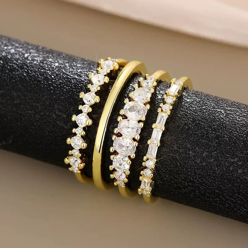 New 4pcs 14k Gold Plated Stacking Rings with Shining Zirconia - Perfect ForWeddings, Parties, and Everyday Wear
