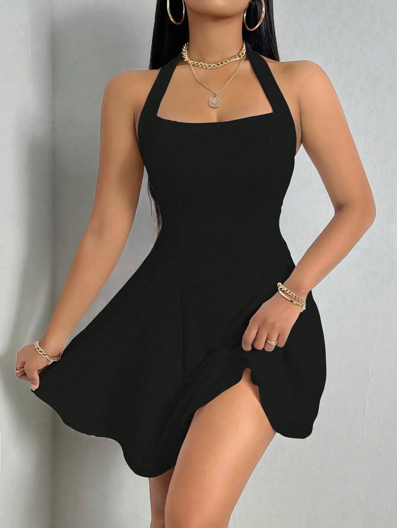 Women's Dresses Fashion Casual Halter Square Neck Pleated A Line Mini Elegant Dresses Club Evening Bodycon Dress
