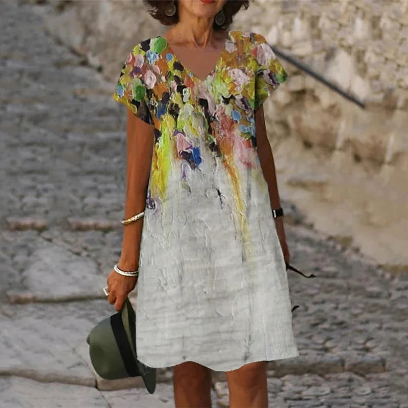 3D Peacock Floral Print Dresses For Summer 2022 New Women Fashion Short Sleeve V-Neck Loose Dress Vintage Oversized Ladies Dress