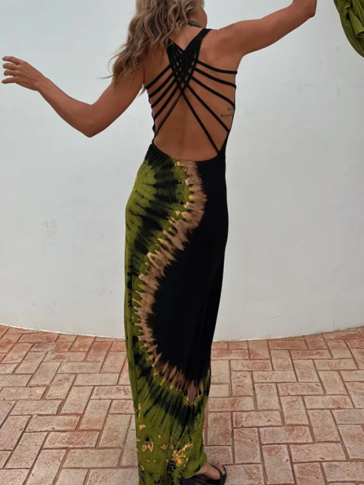 Summer Women Sleeveless Holiday Maxi Dress, Hollow Sexy Patchwork Party Dress, 2025 Printed Fashion Simple Ladies Dress Vestidos