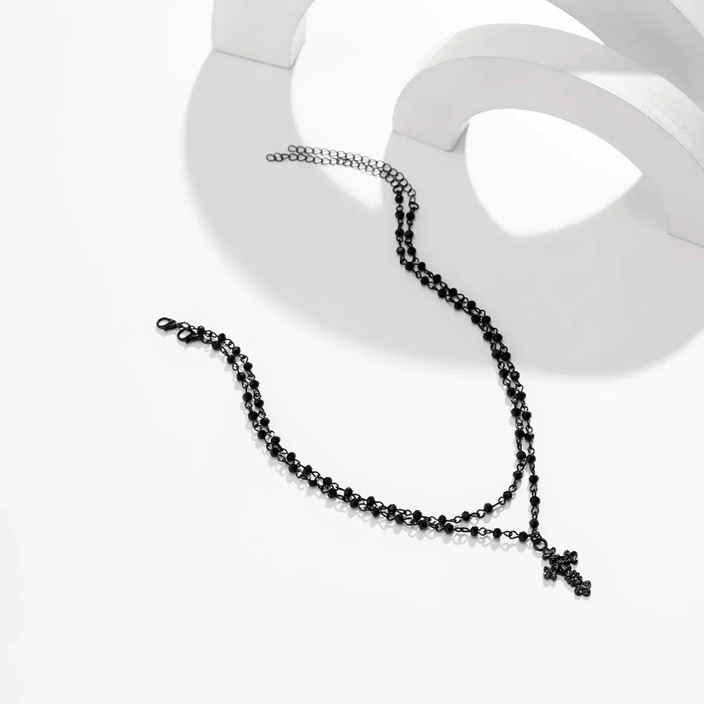 2Pcs/Set Gothic Black Cross Jesus Pendant Choker Necklace for Women Punk Vintage Metal Beads Chain Neck Jewelry Accessories New