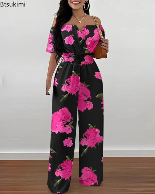 2026 Jumpsuits for Women Summer Fashion Off Shoulder Casual Short Sleeve Wide Leg Rompers Sexy Slim Ladies Overalls Streetwear