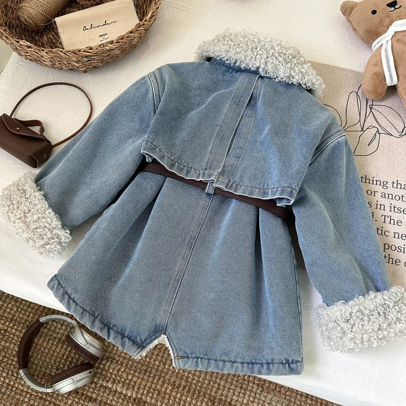 Winter Girls Thick Demin Coats Baby Plus Velvet Warm Outerwear With Belt Kids Princess Designed Long Jackets Children Clothes