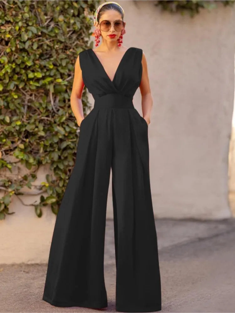 Jumpsuit Women Summer New Sleeveless Sexy Deep V-neck Solid Color High Waist Wide Leg Jumpsuits Elegant Commuting Lady Playsuits