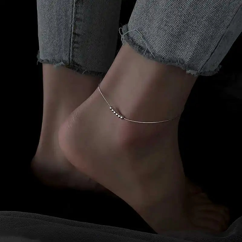 Minimalist Slender 925 Sterling Silver Six Round Bead Anklets for Woman Girls Korean Fashion Summer Jewelry Foot Accessory Gifts