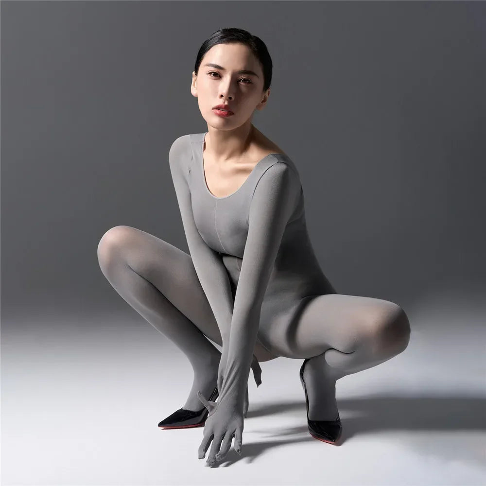 Women's Jumpsuit With Hooded High Elastic Unitard Oil  Shiny Glossy Sexy Bodysuit Five Finger Gloves Tights Skinny Shaper Wear