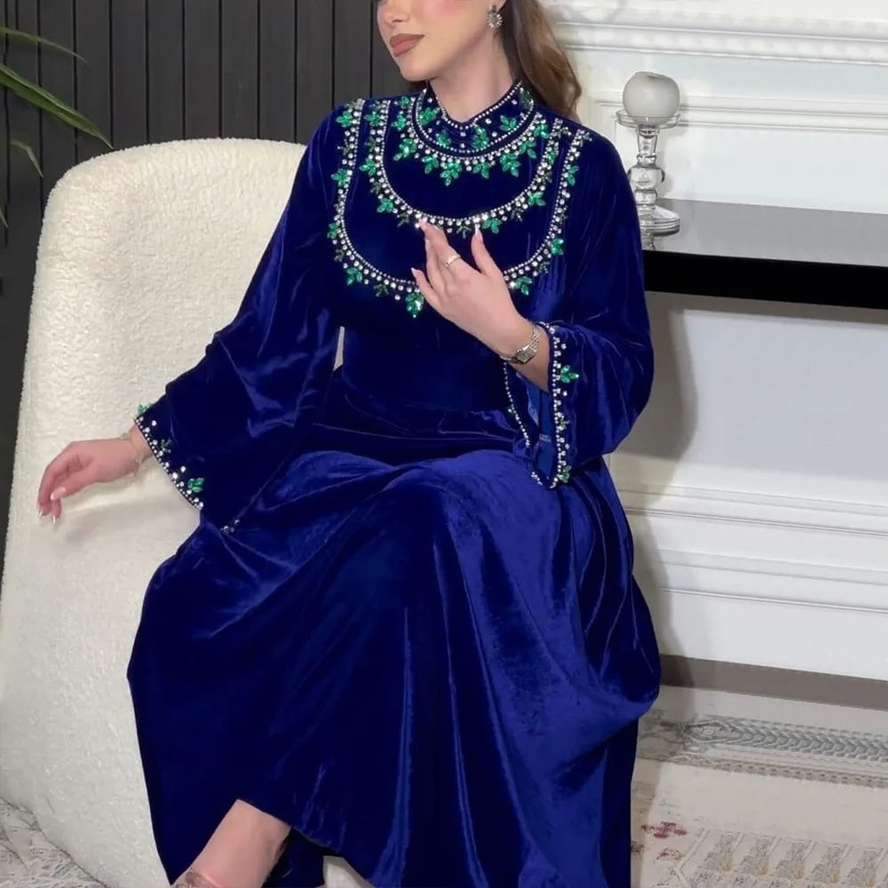 Velvet Autumn Winter Morocco Luxury Muslim Women Abaya V-neck Maxi Dress Turkey Arabic Islamic Kaftan Dubai Evening Party Kaftan