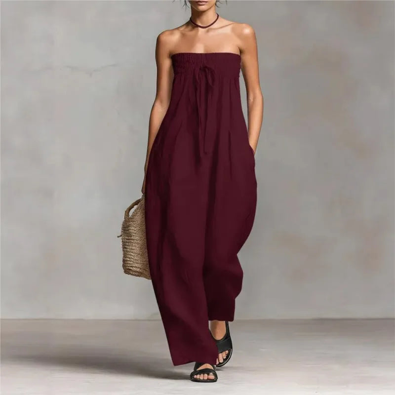 Elegant Sexy Off Shoulder Jumpsuit Women 2026 Summer Ruched Lace-up Sleeveless Backless Romper Casual Wide Leg Pocket Overalls