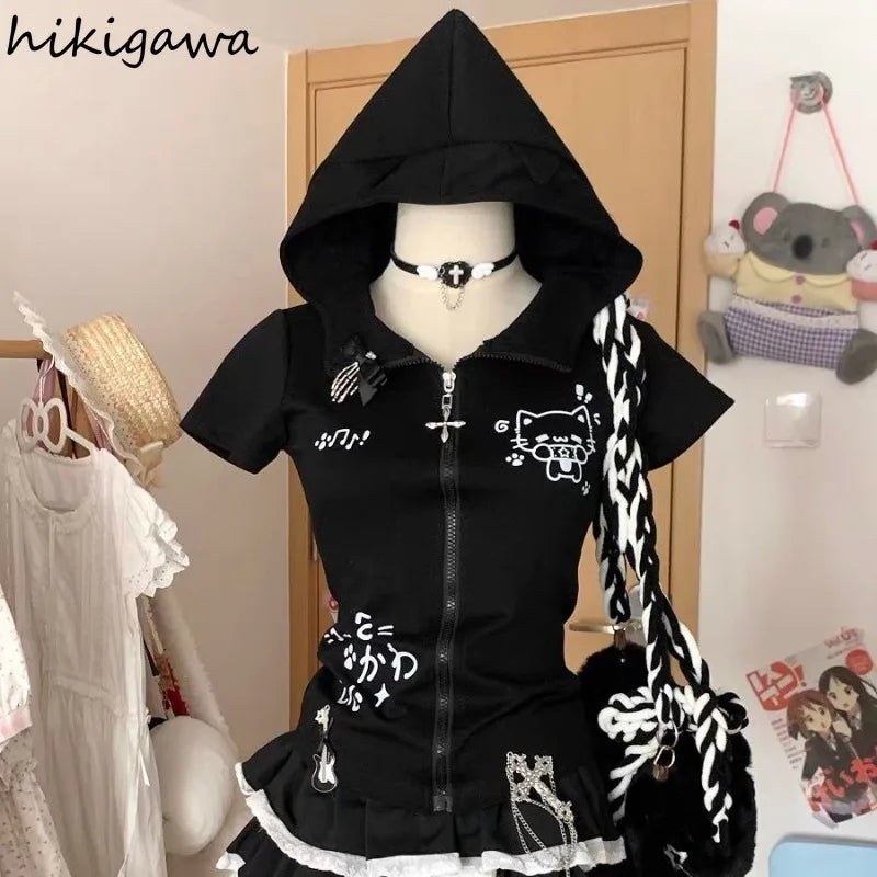 Cat Ears Hooded Sweatshirts 2025 Women Clothes Short Sleeve Zipper Slim Fit Hoodies Y2k Tops Casual Fashion Japanese Cute Hoodie
