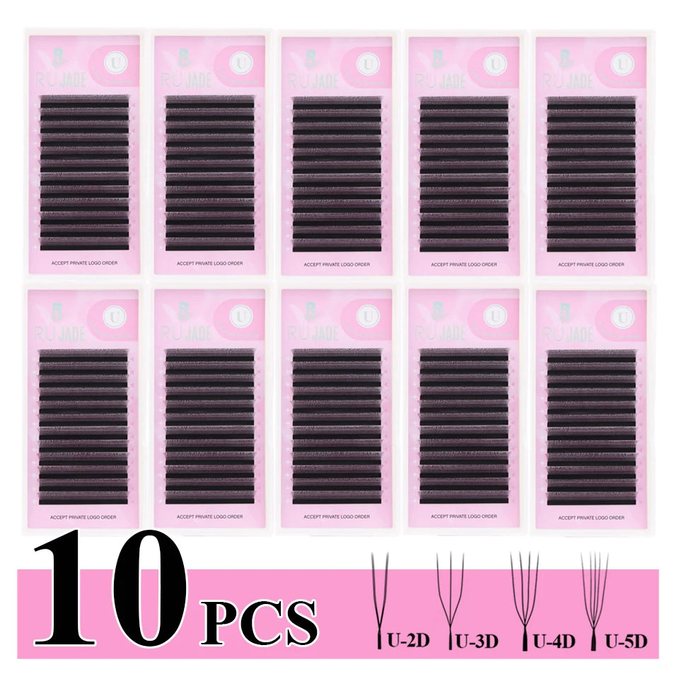 10 Trays U-shaped Eyelash Extensions Handmade Soft U Shape W Bloom Lashes Premade Fans U3D U5D Brown 4DW False Eyelash Wholesale