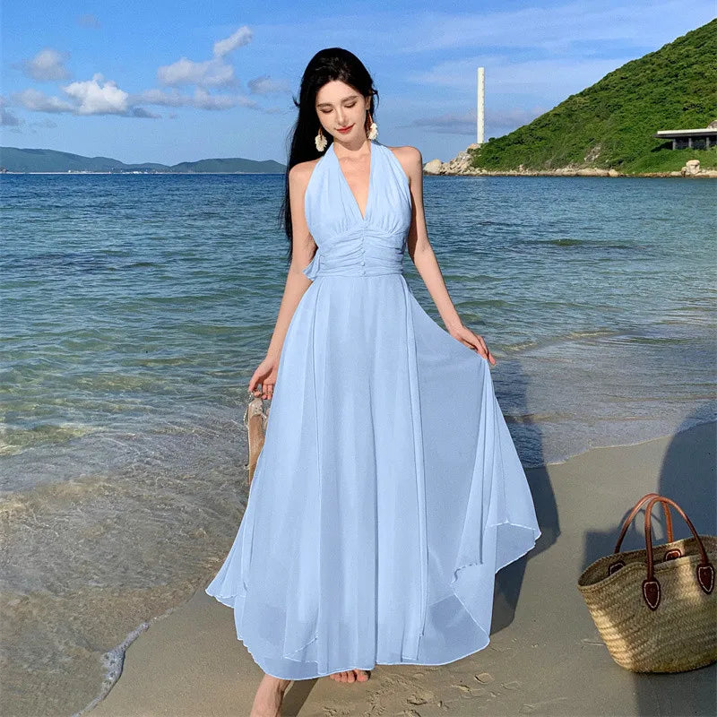 Women Chiffon Dress Irregular Sexy V-neck Sleeveless Halter Slim French Backless Party Dresses Elegant Beach Style Long Dress