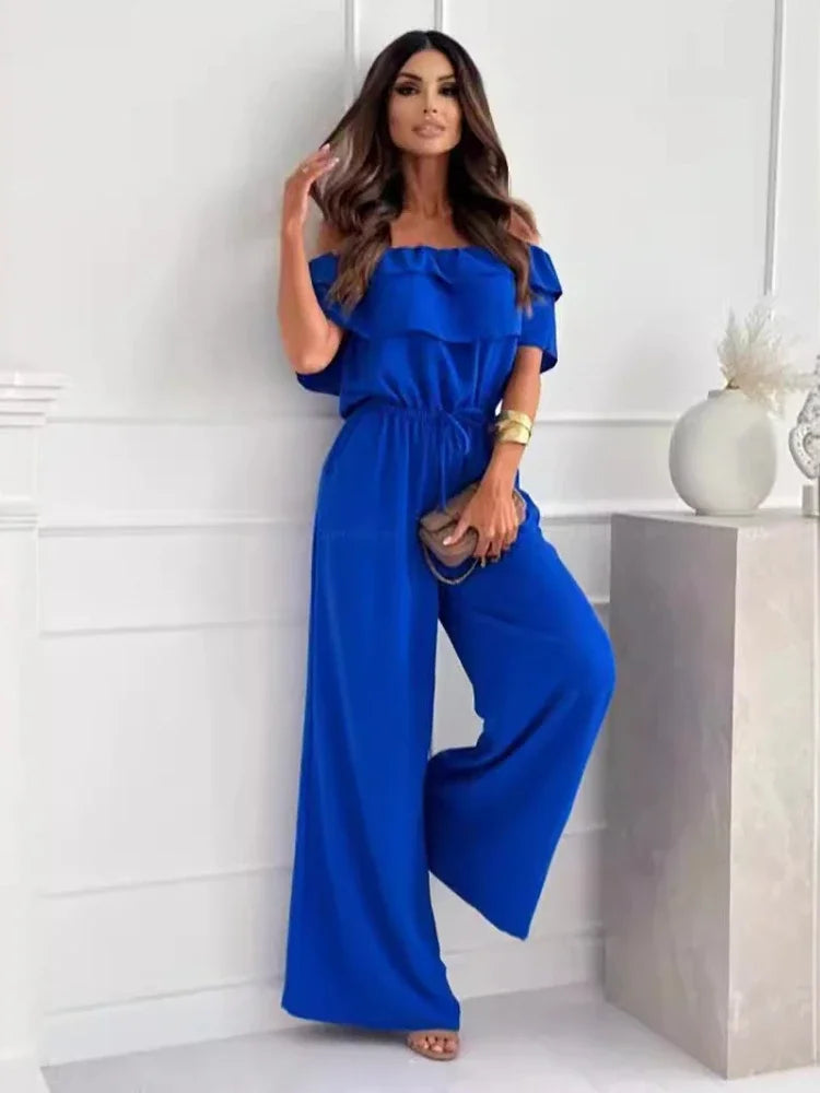 Summer Off-Shoulder Jumpsuit for Women Short-Sleeved Flounce Slim Fit Elastic Waist Fashionable Casual Jumpsuits