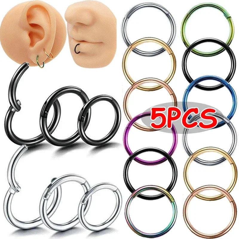 5pc 6/8/10mm Nose Ring Hinged Clicker Segment Nose Rings Helix Cartilage Septum Hoop Surgical Stainless Steel Seamless Earrings