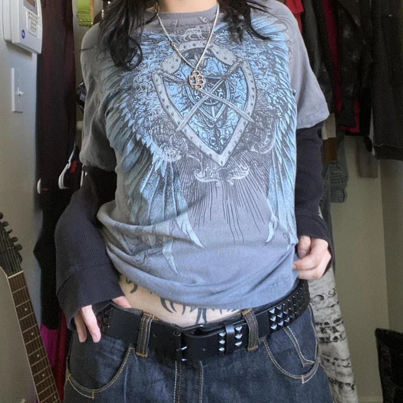 Cyber Y2K Grunge Mall Goth Top Patchwork Full Sleeve Baggy Pullovers Tees Japanese Edgy 00s Retro E-girl Gothic Emo T-shirt
