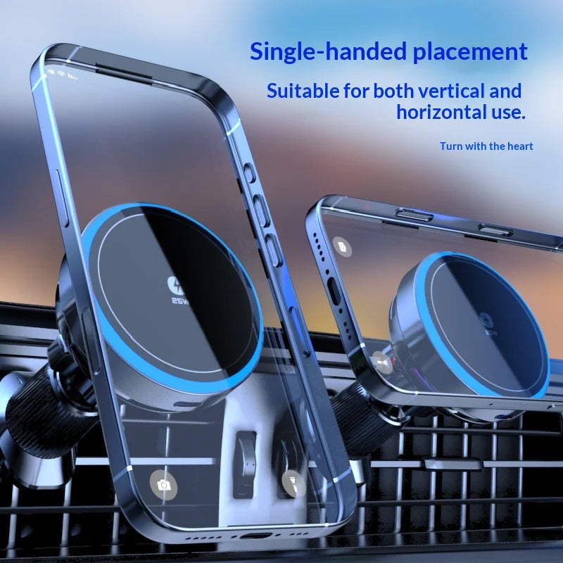 25W Air-Cooling Car Wireless Charger LED Light Phone Stand Magnetic Fast Charging Station For Magsafe iPhone 17~12 Pro Max