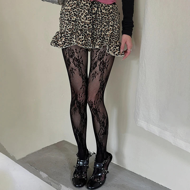 Cute Lolita Tights Women Sexy Lace Floral Thigh High Stockings Pantyhose Lingerie Hosiery Mesh Fishnet Stockings Women Tights