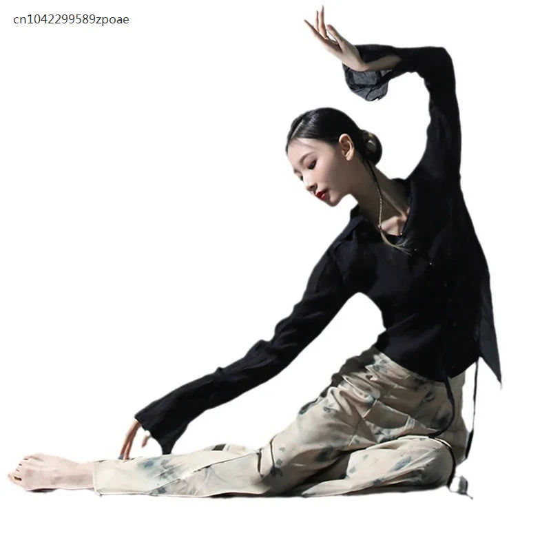 National Style Beautiful Classical Dance Clothes For Women Elegant Long Sleeve Black Tops Loose Skirts And Pants Ethnic Style