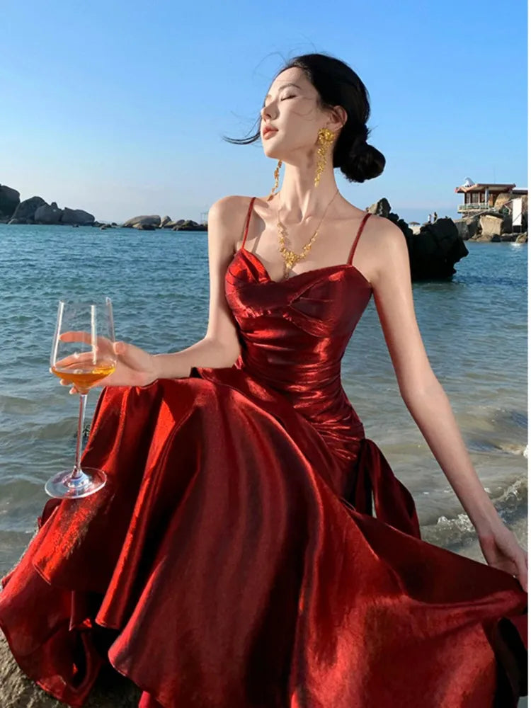 Elegant Ruffle Womens Dresses Sexy Spaghetti Strap Evening Birthday Party Dress Wedding Prom Vestidos Long Robe Female Clothing