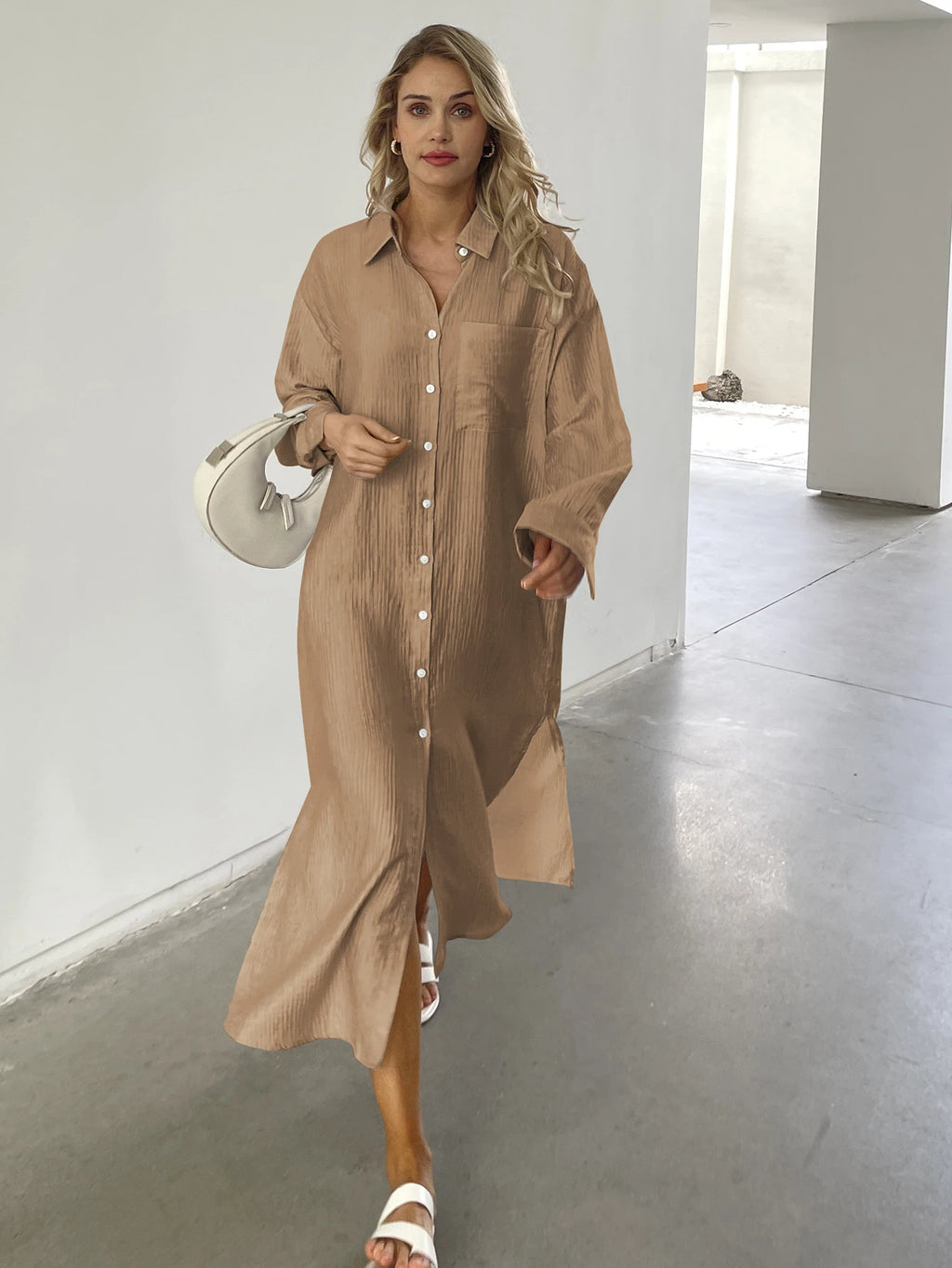 New Design 2025 Women Summer Long sleeve Basic Shirt Maxi Long dress