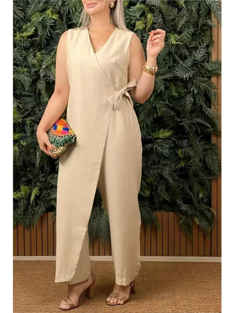 Female Casual Jumpsuit V-Neck Sleeveless Lace-up Jumpsuits For Women Fashion Office Holiday Womens Clothing Jumpsuits Summer New