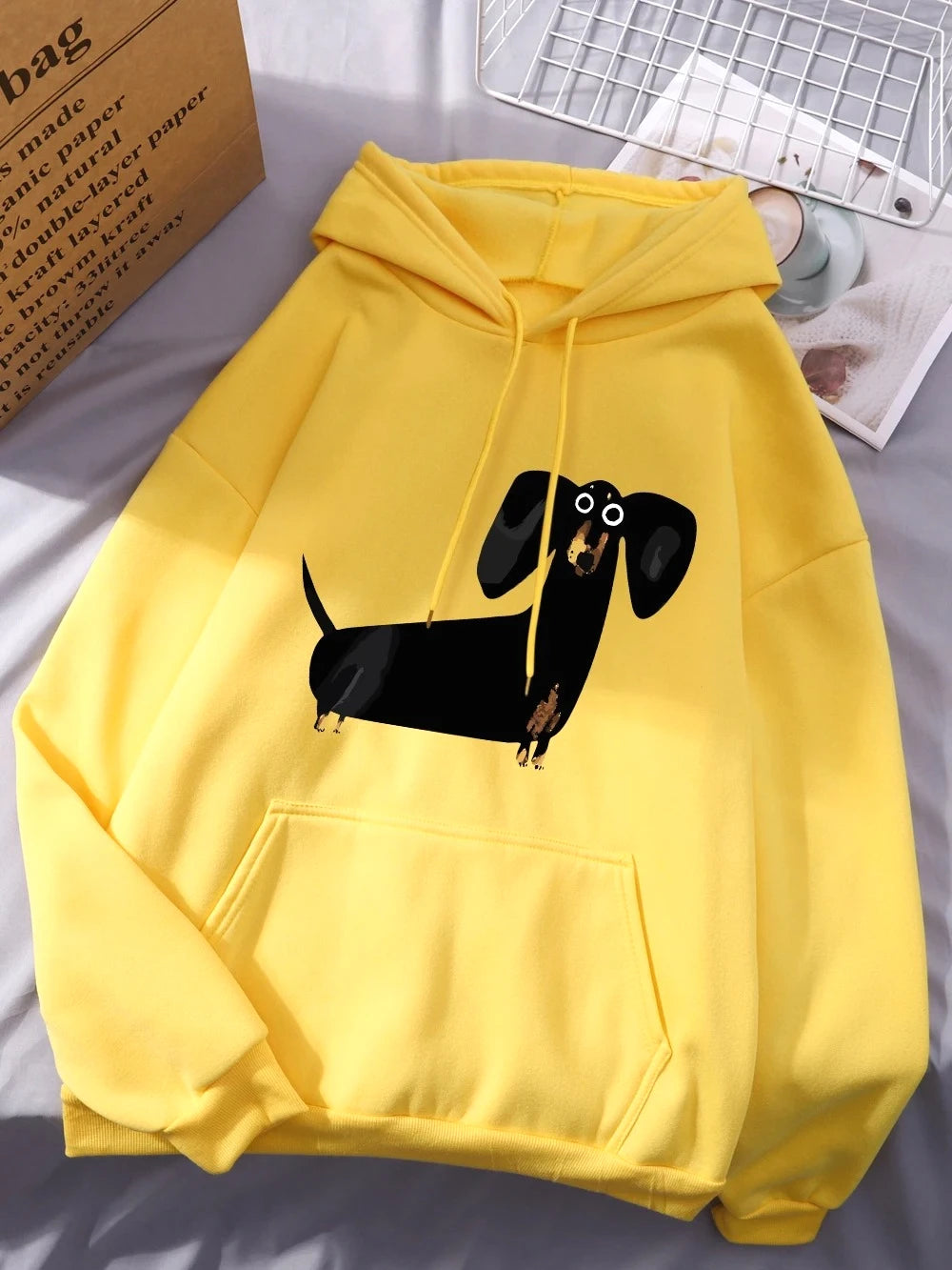 Funny Dachshund Dog Prints Hoodies Women Winter Fleece Warm Hooded Casual Pocket Sweatshirt Comfortable Loose Womans Sportswear