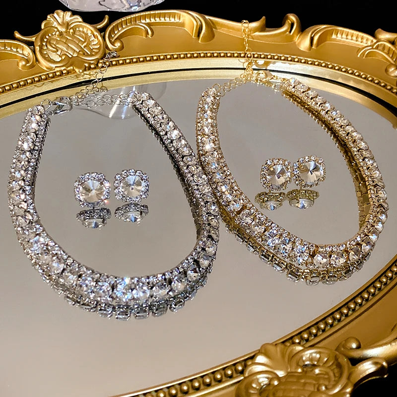 Luxury Green Rhinestone Necklace Stud Earrings For Women Crystal Choker Necklaces Ladies Fashion Weddings Banquet Jewelry Set K