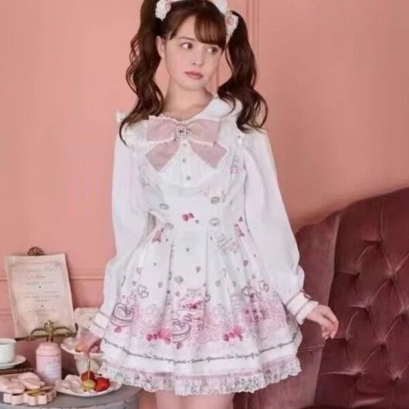 Japanese Kawaii Rhinestone Bow Dress Set Women Sweet Cute Lolita Style Lace Pearl Print Shirt Dresses Gothic Y2k Tea Party Dress
