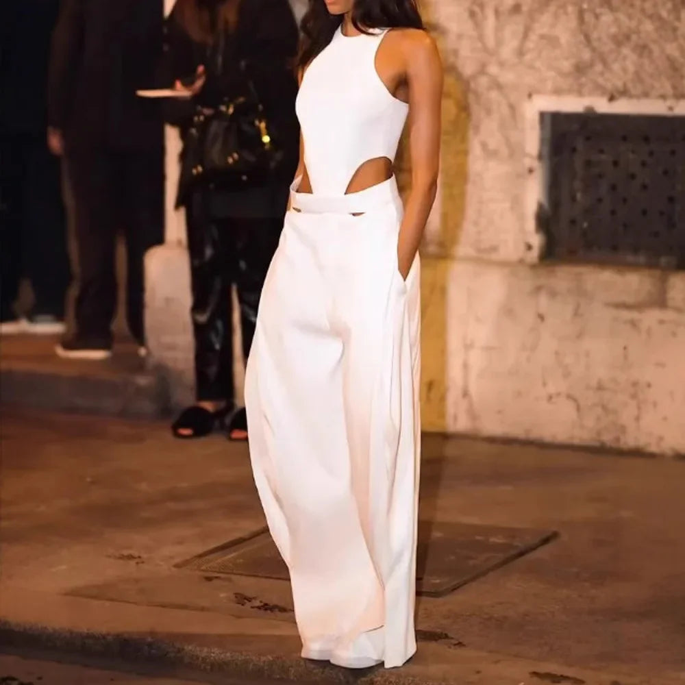 Fashion Jumpsuits For Women  Summer O Neck Sleeveless Hollow Out Slim White High Waist Wide Leg Jumpsuit  Chic Sexy Jumpsuit