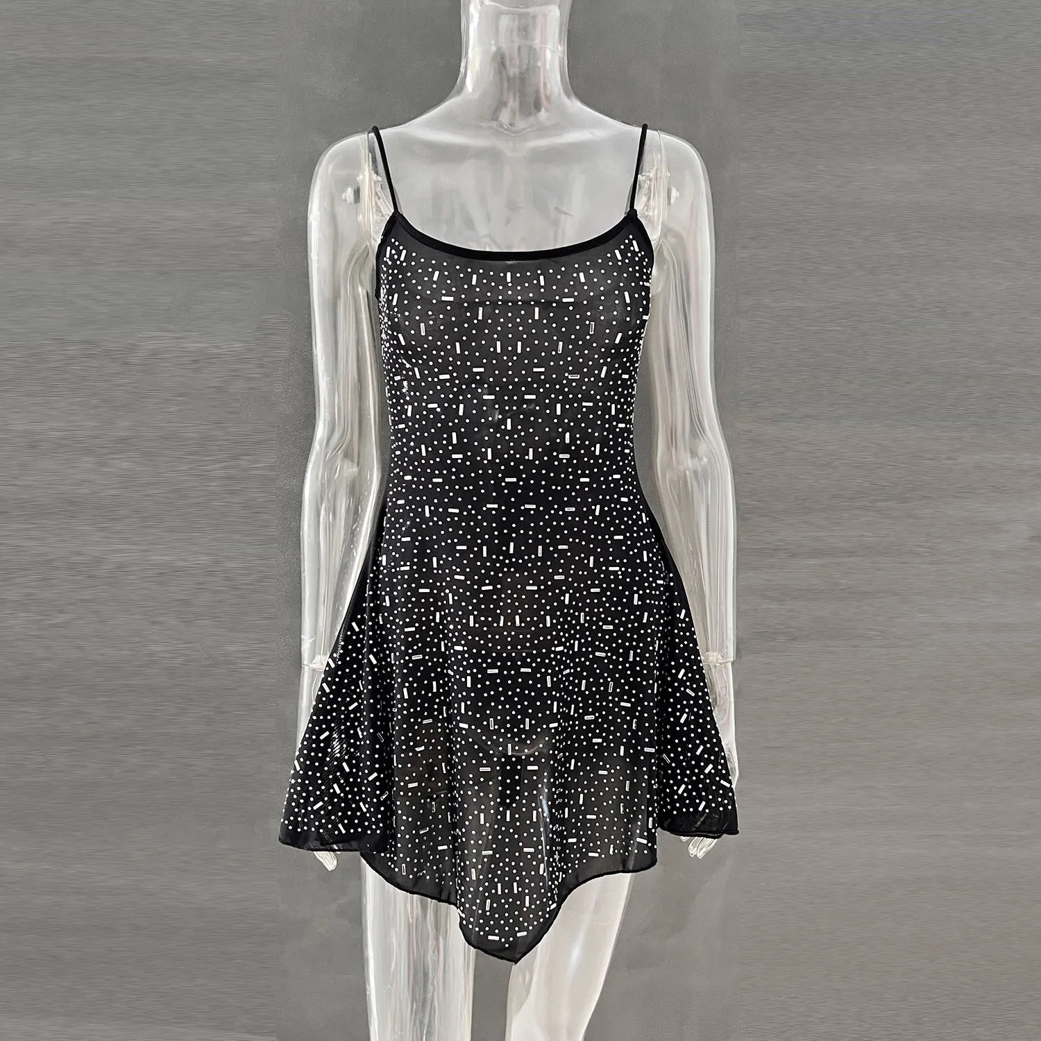 DGLUKE Spaghetti Strap Asymmetrical Mini Dress Sexy See Through Mesh Summer Dress Woman Sparkly Rhinestone Party Prom Dress