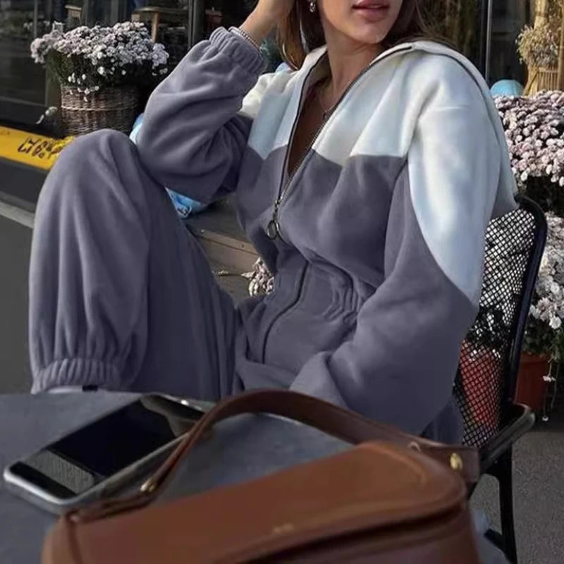 Women'S Jumpsuits Casual Sporty Sweatershirt Hoodies Suits Spliced Colored Zipper Long Pants Rompers Playsuits Autumn Winter y2k