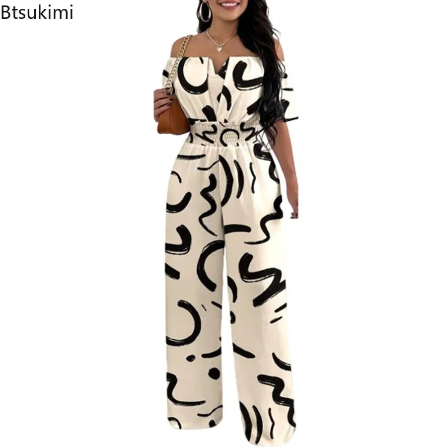 2026 Jumpsuits for Women Summer Fashion Off Shoulder Casual Short Sleeve Wide Leg Rompers Sexy Slim Ladies Overalls Streetwear
