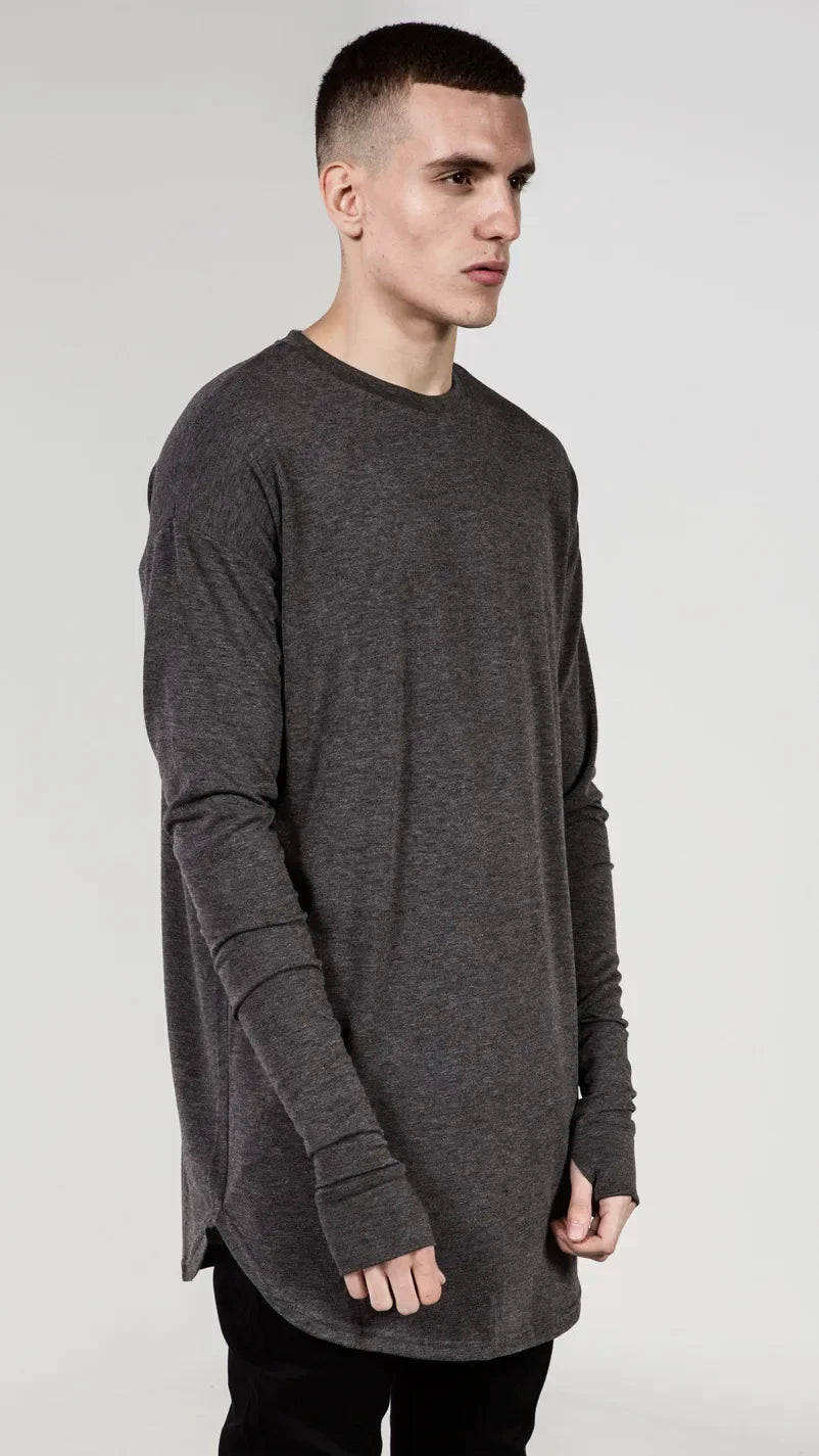 Quality Hip Hop T Shirt Full Mens Long Sleeve T-Shirt with Thumb Hole Cuffs Tees Shirts Curve Hem Men Street Wear Tops Plus Size