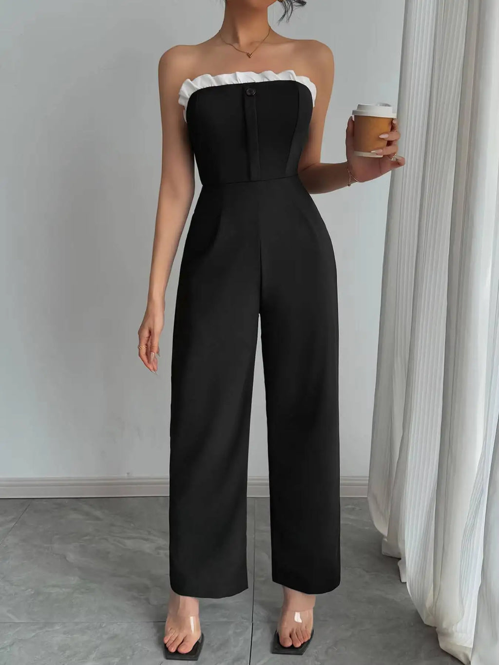 Jumpsuit Spring Summer Women Black Strapless White Ruffle Trim Wide Leg Chic Elegant Daily Date Party Jumpsuit