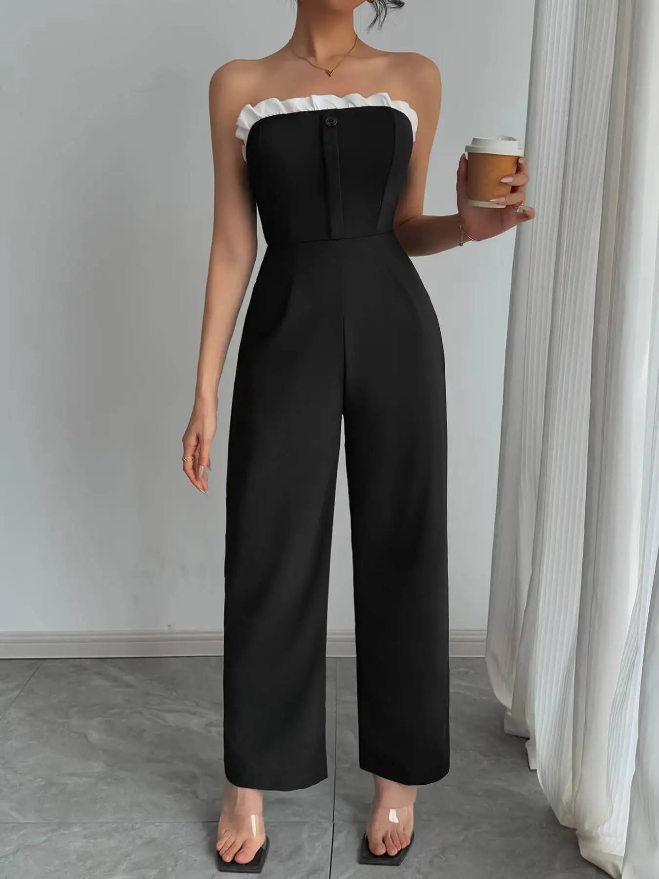 Jumpsuit Spring Summer Women Black Strapless White Ruffle Trim Wide Leg Chic Elegant Daily Date Party Jumpsuit