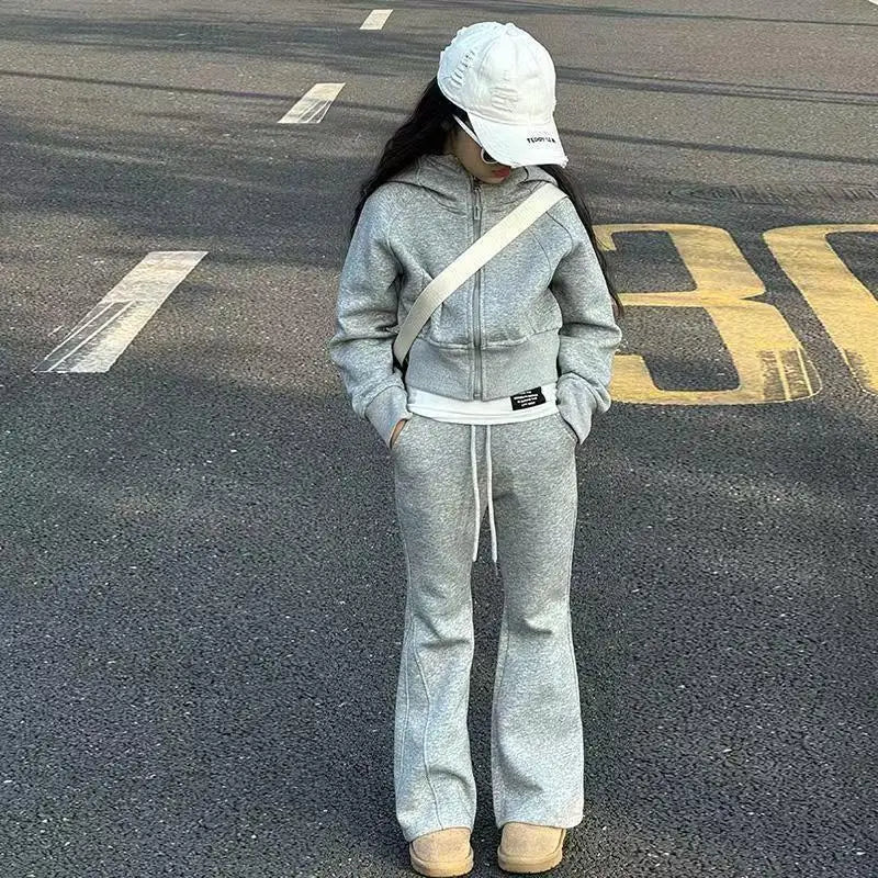 2026 winter spring teenager kids girl Children set Clothes crop top Hooded + black Straight pants 4 6 7 8 9 10 11 12 14 15 Year