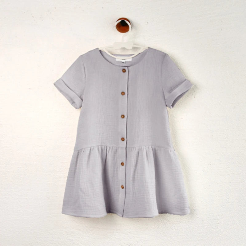 Children's Muslin Gauze Short-Sleeved Dress Summer New Solid Color Collision Buttons Girls Round Neck 100% Cotton A-Line Dresses