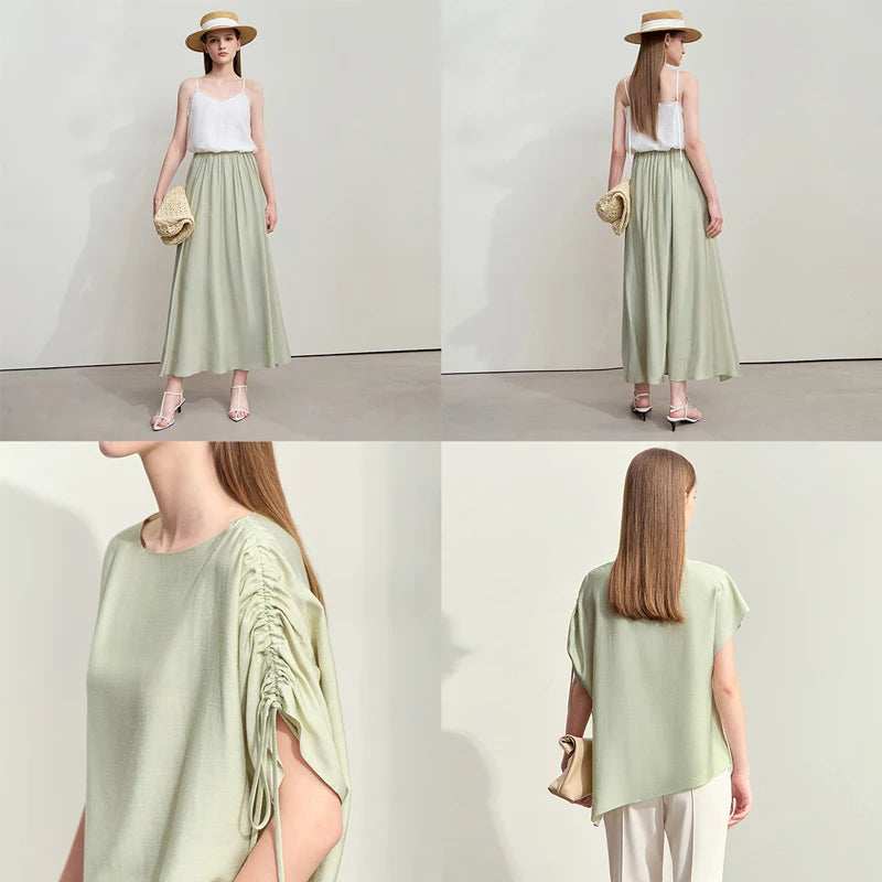 Amii Minimalism Chiffon Shirt Half Skirt Women 2025 Summer New Basic Solid Color Shirt Sold Separate Draw Pleat Skirt 12552059