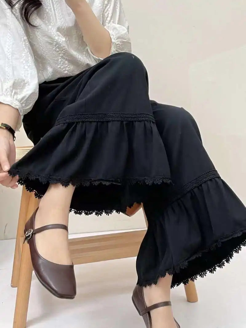 Japanese Sweet Mori Girl Solid Color Lace Hem Wide Leg Pants Women Autumn New Elastic Waist Casual Loose Straight Pants