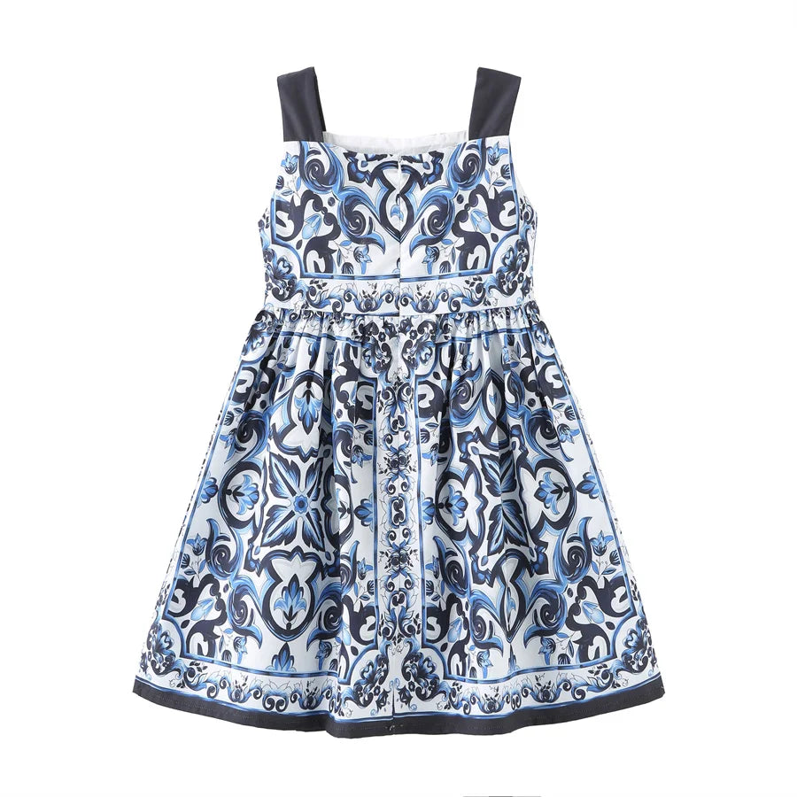 New Design Girls Dress Children Retro Short Sleeve Princess Dresses Kids Summer Printed Birthday Clothing Cotton Costumes