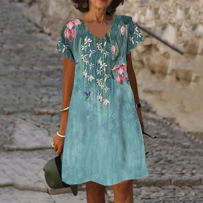 3D Peacock Floral Print Dresses For Summer 2022 New Women Fashion Short Sleeve V-Neck Loose Dress Vintage Oversized Ladies Dress