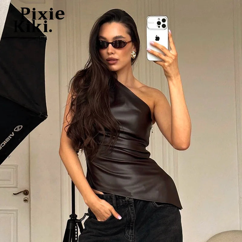 PixieKiki Fashion PU Leather Sleeveless T Shirts Side Zipper One Shoulder Asymmetrical Tops Women Clothing Fall 2024 C85-CA12