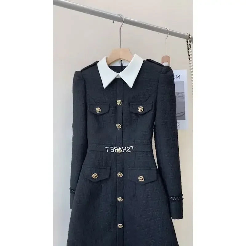 French High end Black Dress Autumn New Korean Fashion Commuter Polo Neck Long Sleeve Slimming A-line Mini Dresses for Women