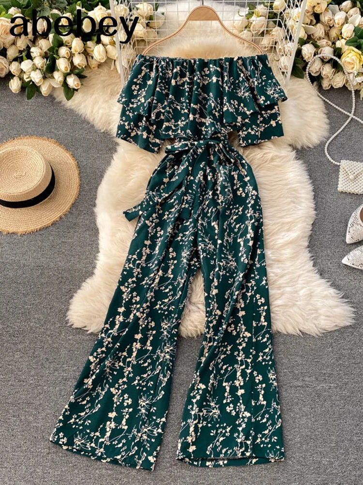 Women Jumpsuit Rompers Summer Casual Floral Print Off Shoulder Ruffles Lace-up Sashes Wide Leg Holidays Loose Jumpsuits