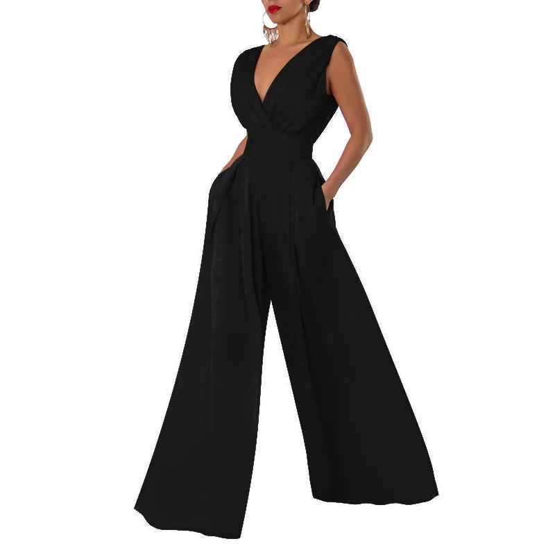 Jumpsuit Women Summer New Sleeveless Sexy Deep V-neck Solid Color High Waist Wide Leg Jumpsuits Elegant Commuting Lady Playsuits