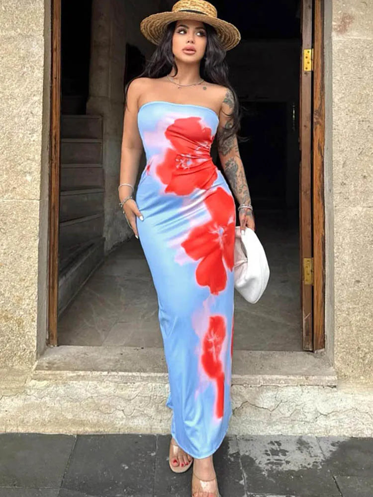 Sexy Strapless Print Tube Maxi Dress Women Off Shoulder Backless Stretch Long Sundress 2025 Summer Beach Y2K Clothes