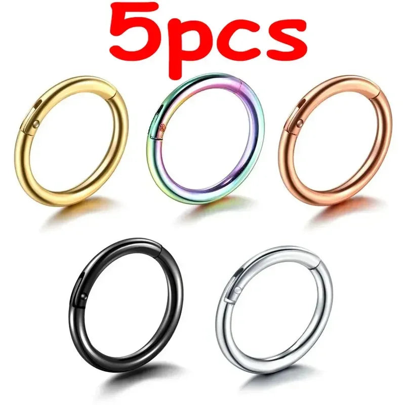 5pc 6/8/10mm Nose Ring Hinged Clicker Segment Nose Rings Helix Cartilage Septum Hoop Surgical Stainless Steel Seamless Earrings